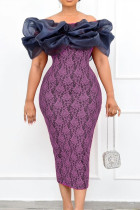 Фиолетовое модное вечернее платье в стиле пэчворк с разрезом на спине и открытыми плечами