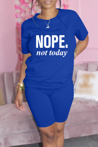 Blue Fashion Casual Letter Print Basic O Neck Short Sleeve Two Pieces