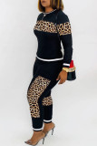 Grey Casual Print Two Piece Suits Patchwork Leopard pencil Long Sleeve