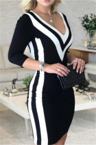 ブラックホワイトファッションカジュアルソリッドパッチワークVネックワンステップスカートドレス