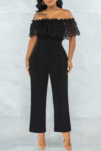 Black Fashion Casual Solid Lace Patchwork Off the Shoulder Regular Jumpsuits