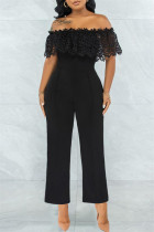 Macacão preto moda casual com patchwork de renda sólida fora do ombro