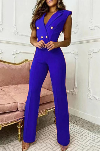 Blue Fashion Casual Solid Basic V Neck Regular Jumpsuits
