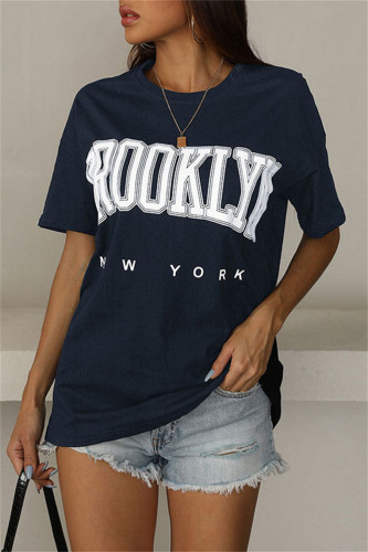 Tibetan Blue Fashion Casual Letter Print Basic O Neck T-Shirts