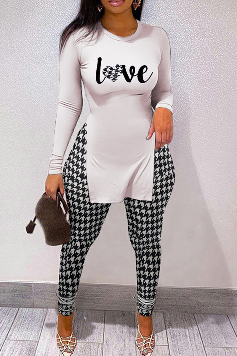 

White Black Casual Print Slit Letter O Neck Long Sleeve Two Pieces