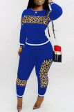 Blauwe casual tweedelige pakken met patchwork luipaardpotlood met lange mouwen