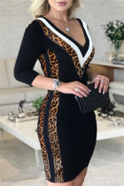 Estampa de leopardo Moda Casual Estampa Leopard Patchwork Decote em V Vestidos de Saia One Step