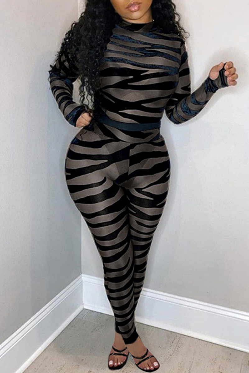 

Black Fashion Sexy Print See-through O Neck Skinny Jumpsuits