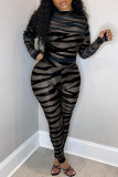 Macacão skinny preto fashion sexy com estampa transparente e decote