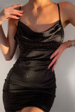 ブラック ファッション セクシー ソリッド スパンコール バックレス スパゲッティ ストラップ ノースリーブ ドレス
