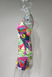 Multicolor Sexy Casual Estampa Draw String Frenulum Backless V Neck Sling Dress Plus Size Vestidos