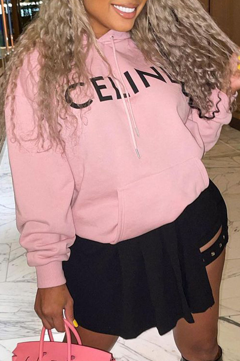 

Pink Fashion Letter Split Joint Hooded Collar Tops