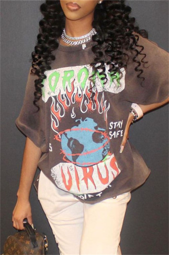 Khaki Fashion Casual Print Basic O Neck T-Shirts