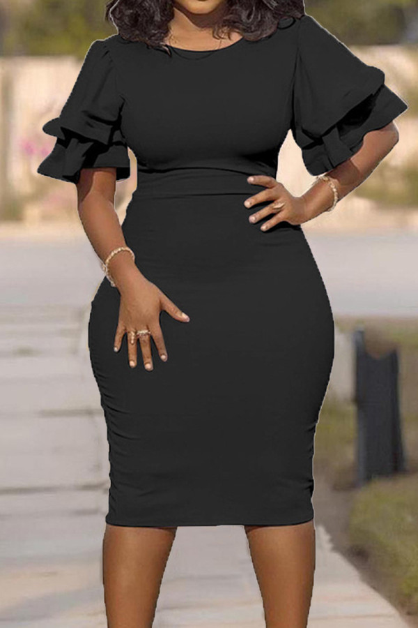 ブラックファッションカジュアルソリッドフラウンスOネック半袖ドレスドレス