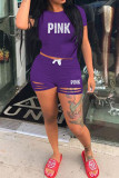 Purple Fashion Casual Letter Print Ripped O Neck Short Sleeve Two Pieces