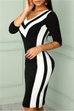 ブラックホワイトファッションカジュアルソリッドパッチワークVネックワンステップスカートドレス