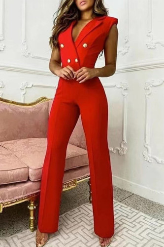Red Fashion Casual Solid Basic V Neck Regular Jumpsuits