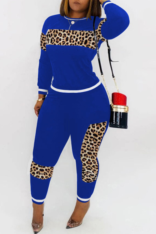 Blå Casual Print Tvådelade kostymer Patchwork Leopardpenna Långärmad
