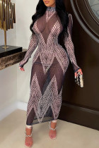 Grey Fashion Sexy Print See-through Turtleneck Long Sleeve Dresses