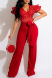 Red Fashion Casual Patchwork Pailletten mit Gürtel V-Ausschnitt Regular Jumpsuits