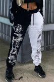 ブラック ホワイト ファッション カジュアル グラフィティ パッチワーク レギュラー ハイウエスト ズボン