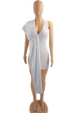 White Fashion Casual Solid Patchwork V Neck Irregular Dress