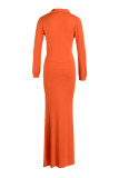 オレンジファッションカジュアルソリッドスリットVネック長袖ツーピース