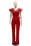 Red Fashion Casual Patchwork Pailletten Met Riem V-hals Regular Jumpsuits