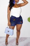 Medium Blue Fashion Casual Butterfly Basic Skinny High Waist Plus Size Denim Shorts