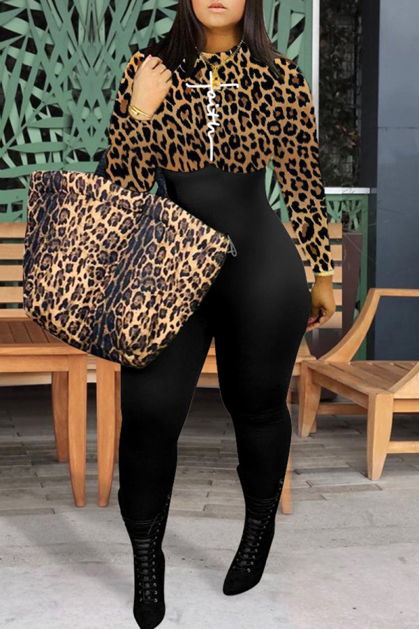 Tute skinny con scollo a V patchwork con stampa casual alla moda con stampa leopardata