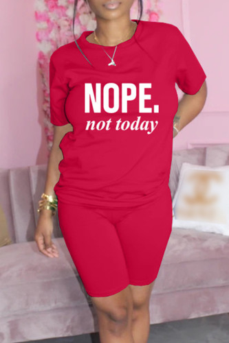 Red Fashion Casual Letter Print Basic O Neck Short Sleeve Two Pieces