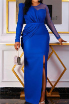 Vestido de noite azul fashion sexy patchwork sólido transparente com fenda e decote manga longa