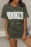 Army Green Fashion Casual Letter Print Basic O Neck T-Shirts