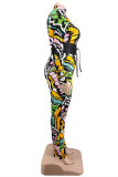 Macacão multicolorido moda casual estampa com cinto o pescoço plus size