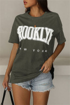 Army Green Fashion Casual Letter Print Basic O Neck T-Shirts