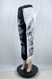 Preto branco moda casual graffiti retalhos calças regulares de cintura alta