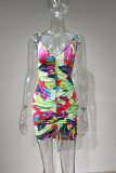 Multicolor Sexy Casual Print Draw String Frenulum Backless V-Ausschnitt Sling Dress Plus Size Kleider