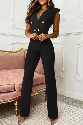 Black Fashion Casual Solid Basic V Neck Regular Jumpsuits