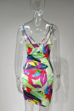 Multicolor Sexy Casual Print Draw String Frenulum Backless V-Ausschnitt Sling Dress Plus Size Kleider