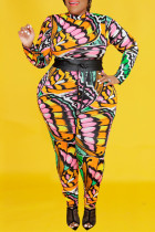 Macacão multicolorido moda casual estampa com cinto o pescoço plus size