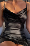 ブラック ファッション セクシー ソリッド スパンコール バックレス スパゲッティ ストラップ ノースリーブ ドレス