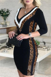 Leopard Print Fashion Casual Print Leopard Patchwork V Neck One Step Skirt Dresses