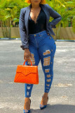 Jeans jeans skinny azul escuro fashion casual sólido rasgado cintura alta