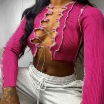 Rose Red Sexy Casual Solid Bandage Hollowed Out O Neck Tops