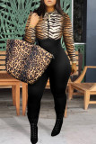 Leopard Print Fashion Casual Print Patchwork O Neck Skinny Jumpsuits
