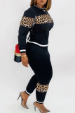 Zwart casual tweedelige pakken met patchwork luipaardpotlood met lange mouwen
