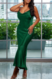 グリーンファッションセクシーなソリッドバックレススパゲッティストラップロングドレスドレス
