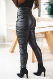 Pantalon crayon taille haute skinny noir décontracté à plis solides