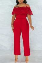 Red Fashion Casual Solid Lace Patchwork Off-shoulder Regular Jumpsuits