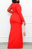 Красное модное сексуальное лоскутное твердое прозрачное вечернее платье с круглым вырезом и длинным рукавом